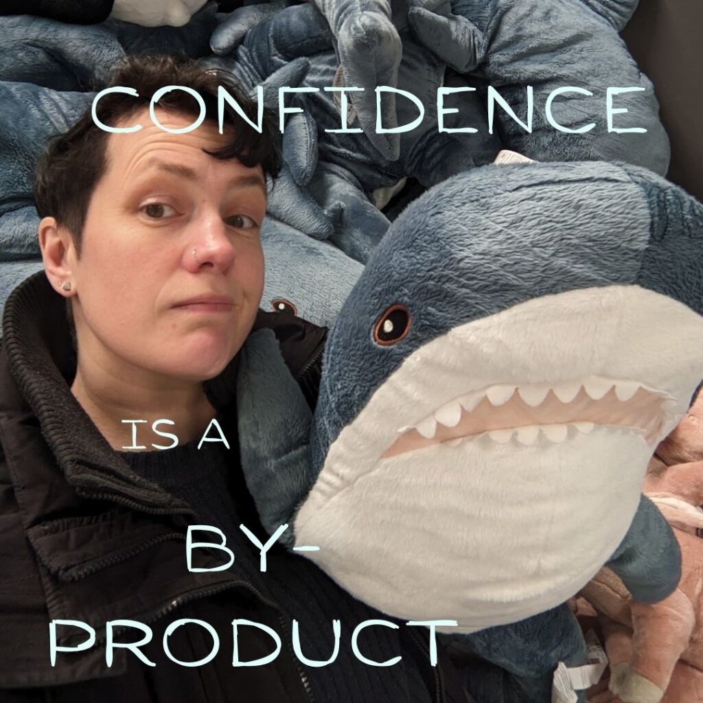 Raven and a Blahaj, overlaid with the text: Confidence is a by-product